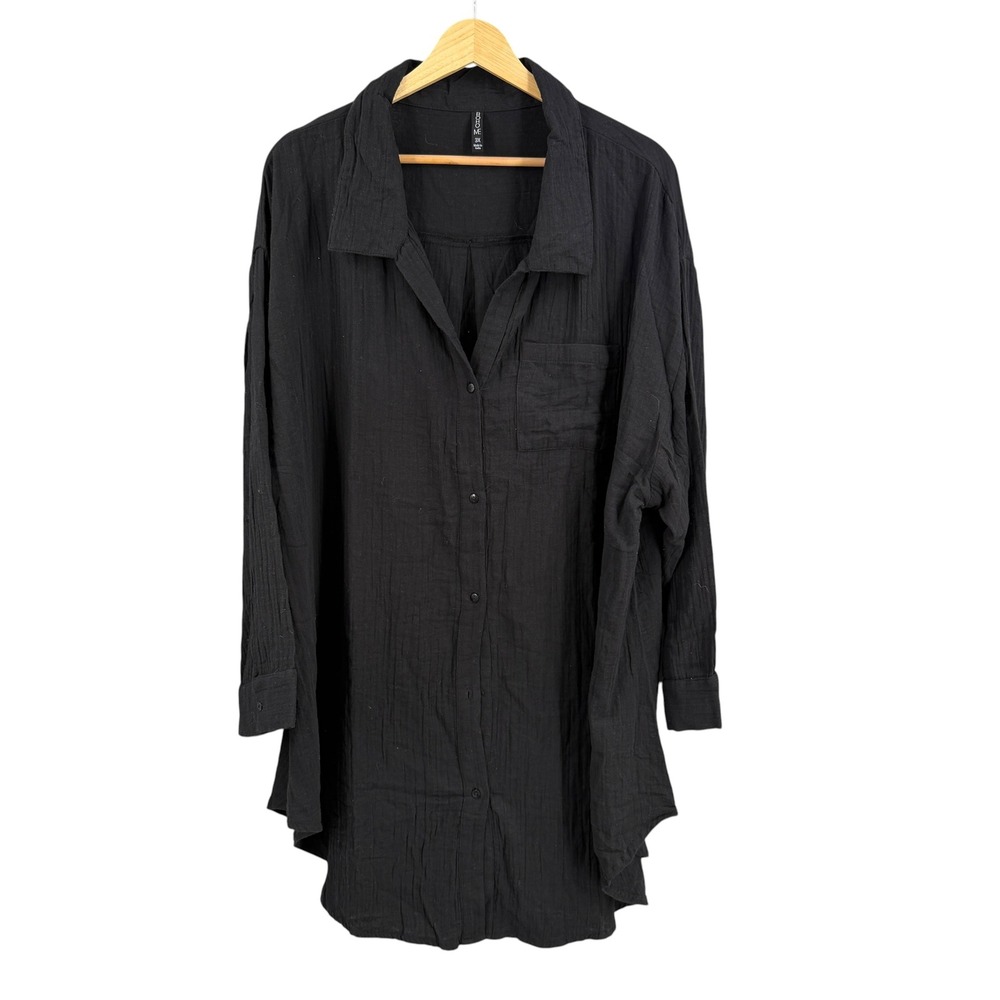 Boho Me Button Up Shirt Dress Tunic Size 3X Black Gauze 100% Cotton Long Sleeve
